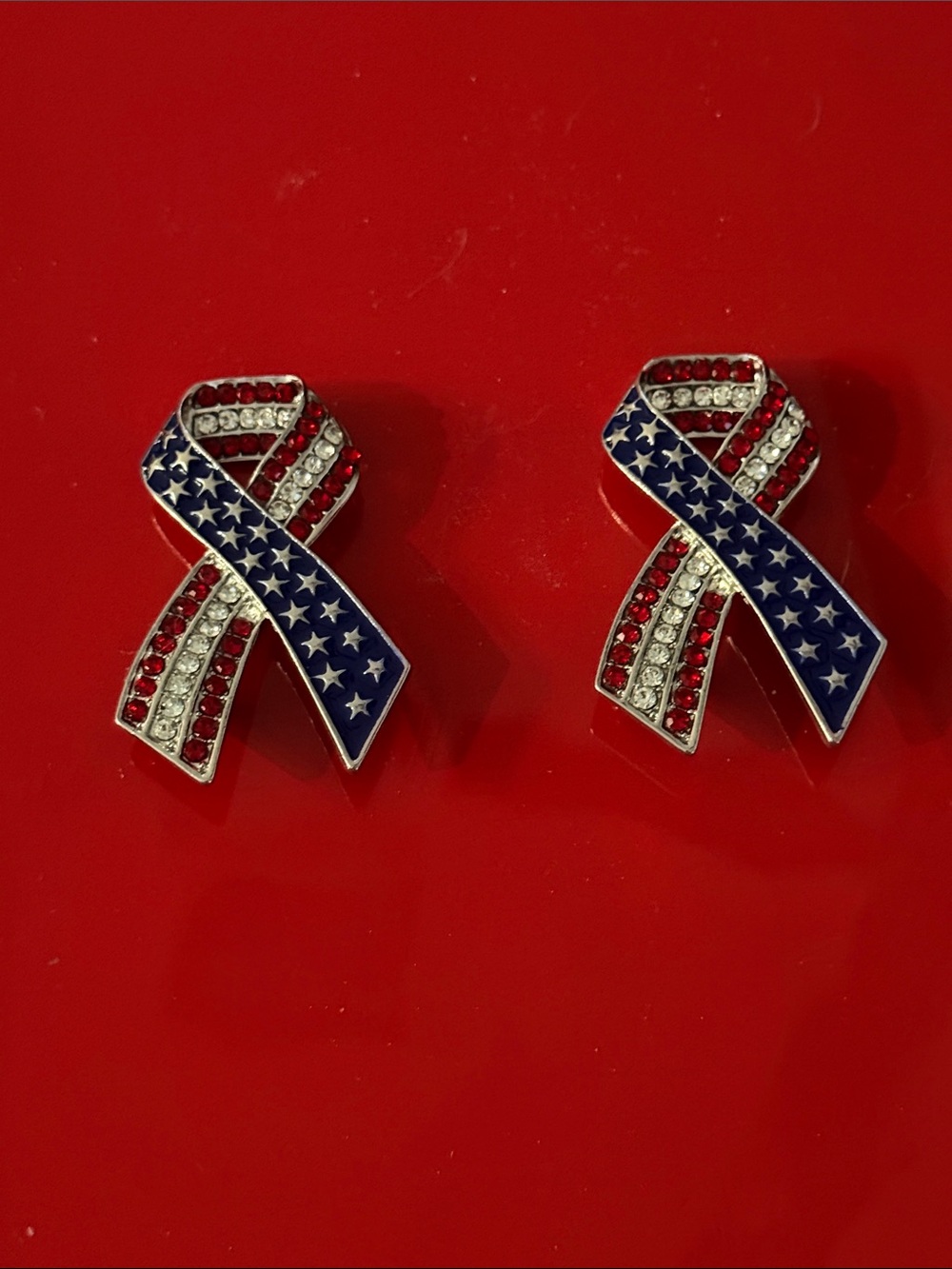 Patriotic Rhinestone Ribbon Brooches- Red, White & Blue Set of 2